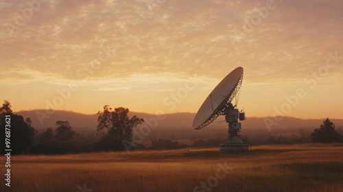 A satellite dish stands in serene landscape at dawn, illuminated by soft morning light. tranquil scene captures beauty of nature and technology harmoniously