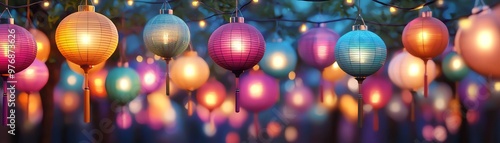 Vibrant lanterns illuminate the night, creating a festive and colorful atmosphere perfect for celebrations and gatherings.