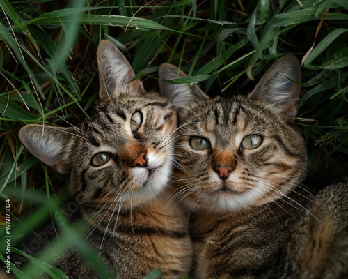 Two cats cuddling in the grass. AI.