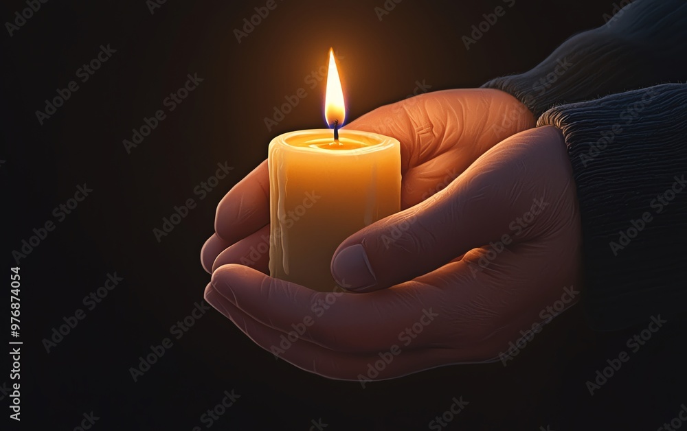 A warm candle held gently in hands, radiating a soft glow that symbolizes hope and tranquility in darkness. A warm candle held gently in hands, radiating a soft glow that symbolizes hope and tranquility in darkness.