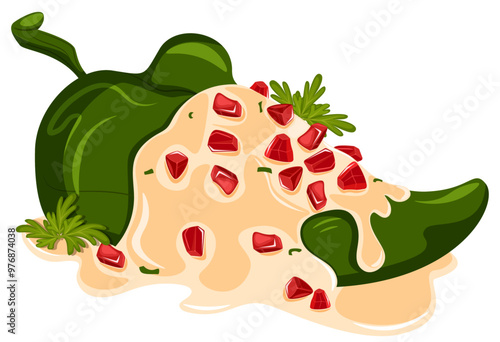 Chiles En Nogada with Long Poblano Pepper Creamy Walnut Sauce, Parsley and Pomegranate Seeds - Mexican Cuisine Vector Art 