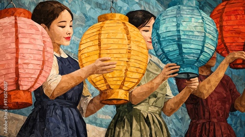 Three women hold colorful lanterns, celebrating culture and tradition with vibrant colors and joyful expressions.