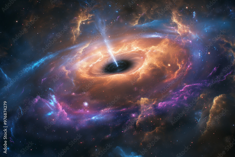 A breathtaking and vivid illustration of a cosmic supermassive black hole at the center of a galaxy, surrounded by swirling, luminous clouds of gas and dust A breathtaking and vivid illustration of a cosmic supermassive black hole at the center of a galaxy, surrounded by swirling, luminous clouds of gas and dust
