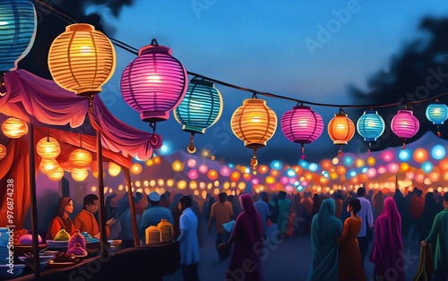 Vibrant festival scene featuring colorful lanterns illuminating a joyful celebration at dusk, showcasing cultural unity and beauty.