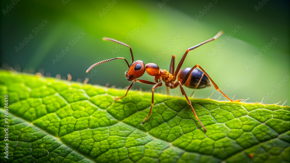 Fototapeta premium Ant crawling on a vibrant green leaf, insect, small, nature, macro, close-up, wildlife, outdoors, leaf, green, vibrant, garden