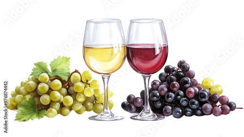 Red and white wine with grapes