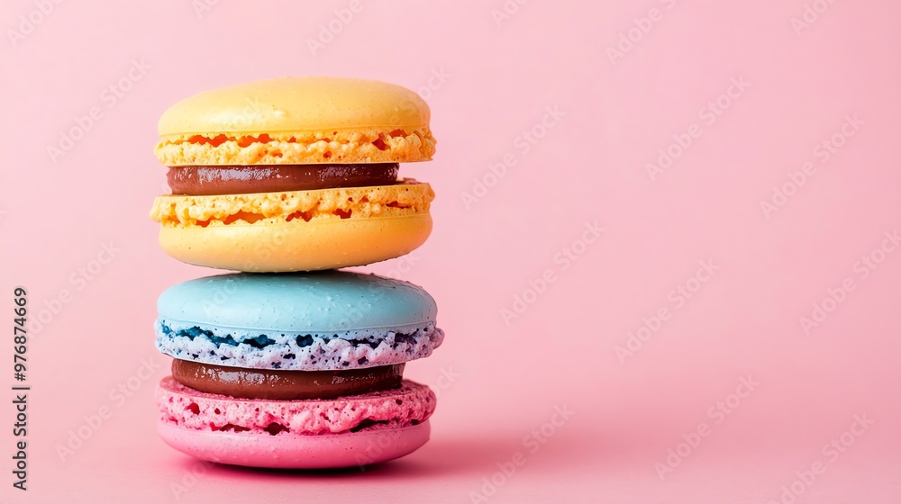 A stack of four macarons, two beige with white filling and two pink with brown filling, on a pink background. A stack of four macarons, two beige with white filling and two pink with brown filling, on a pink background.