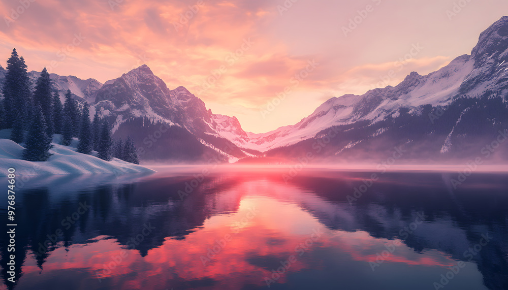 Fototapeta premium Nature Bliss: A serene mountain landscape with a lake reflecting the snowy peaks at sunrise