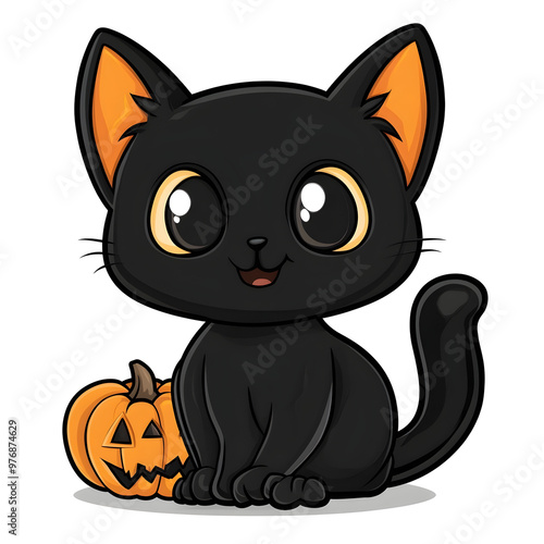 Cute Black Cat Holding Pumpkin Emblem in Cartoon Halloween Theme