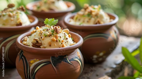 On the rooftop of a building kulfi scoops with nuts served in pottery pots