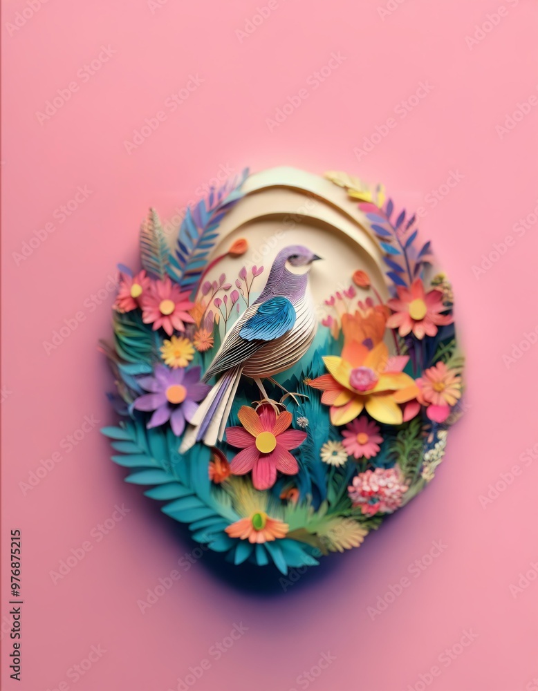 Fototapeta premium A colorful bird is perched amidst a vibrant paper flower arrangement on a pink background.