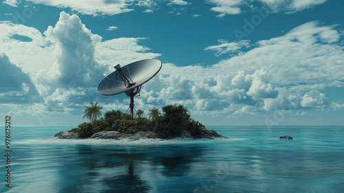 A satellite dish on small island surrounded by calm waters and lush greenery, under bright blue sky with fluffy clouds, creates serene and isolated atmosphere