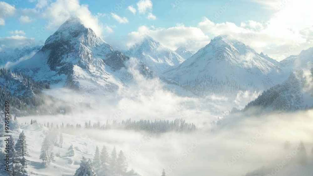 Winter Wonderland: Snow-Covered Forest and Mountains Shrouded in Morning Fog Winter Wonderland: Snow-Covered Forest and Mountains Shrouded in Morning Fog