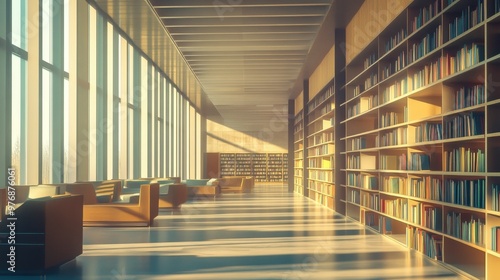 Modern library or bookstore interior with Learning and coworking space,relax zone,Library with rows of bookshelves arranged,school,university,shared desk and chairs,panoramic window.