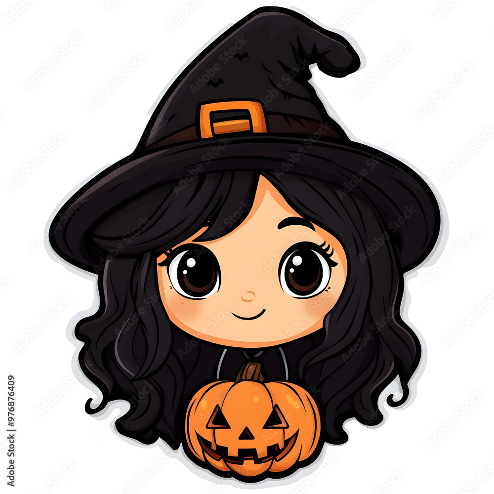 Cute Cartoon Witch Holding Halloween Pumpkin Treat Cute Cartoon Witch Holding Halloween Pumpkin Treat