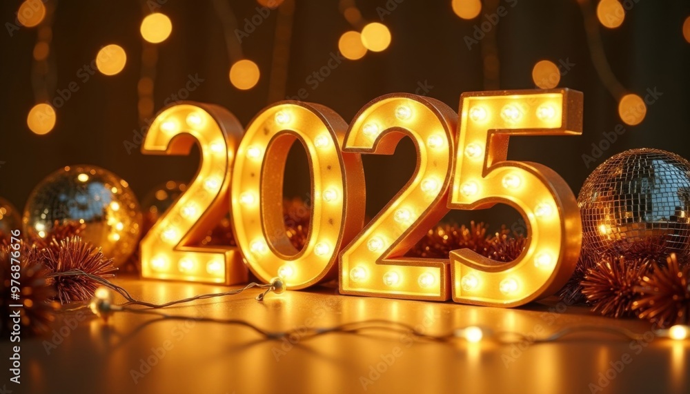 New Year celebration concept with 2025 golden sparkle digits. Happy holidays. Ai generated