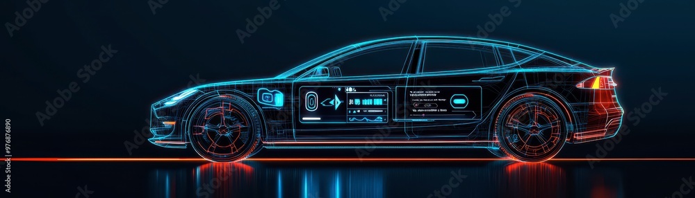 A sleek, futuristic car design illuminated with neon lights against a dark background, showcasing modern technology and innovation. A sleek, futuristic car design illuminated with neon lights against a dark background, showcasing modern technology and innovation.