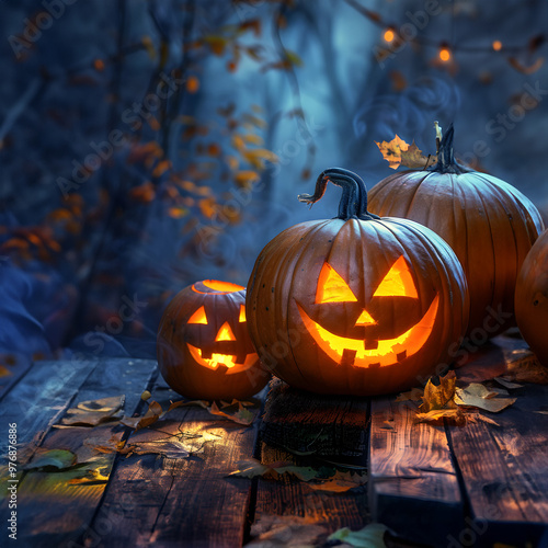 Shining carved Halloween pumpkins lying on the wooden board in a mystical autumn forest at night. Concept of Halloween celebration, Trick or Treat and season. photo