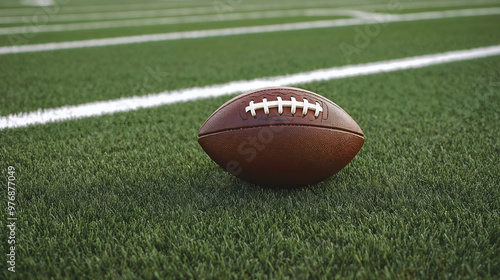 A football is resting on the green grass of a football field