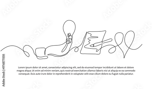 Continuous one line design of ideas for writing stories. Minimalist style vector illustration on white background.