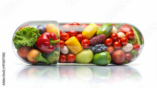 Fototapeta Naklejka Na Ścianę i Meble -  pill filled with assorted fruits and vegetables, healthy, beauty, organic, nutrition, vitamins, supplement, colorful