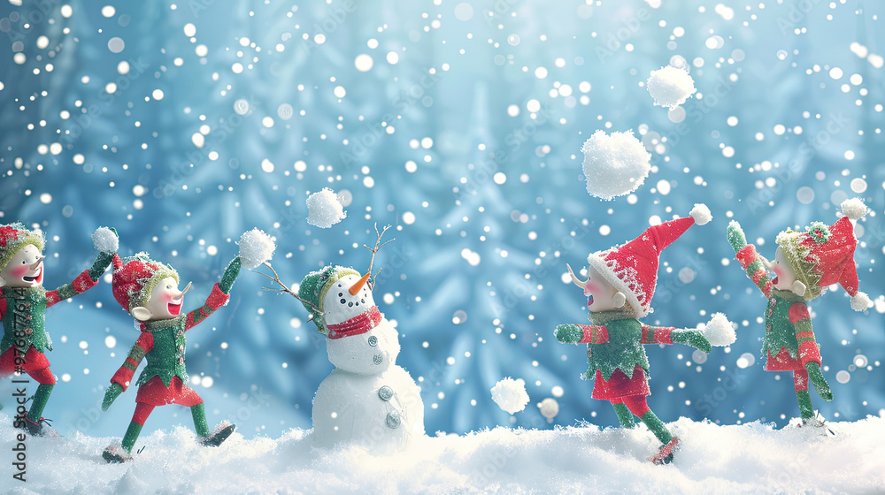 Festive Christmas Elves Throwing Snowballs and Building a Snowman in a Snowy Wonderland