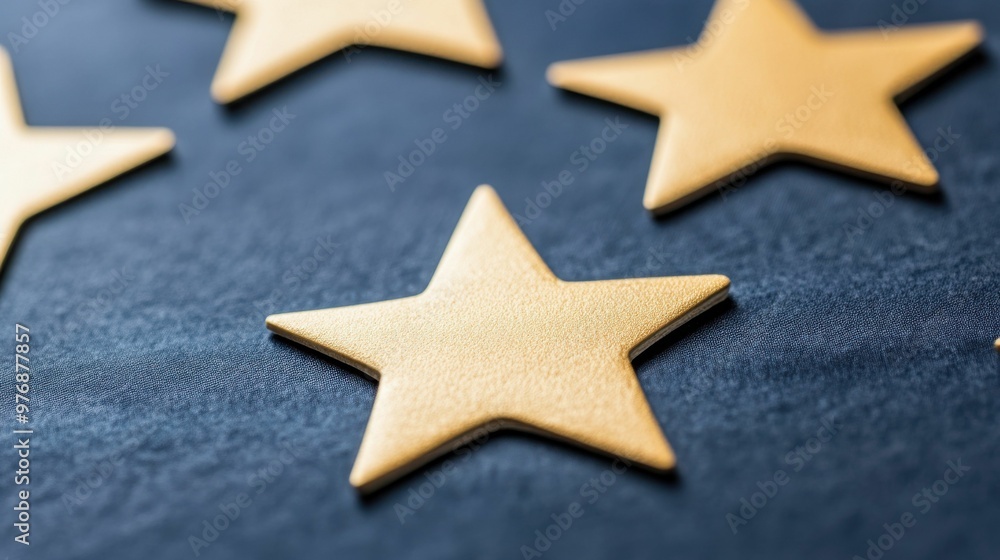A close-up view of gold stars placed on a dark fabric background, representing quality, excellence, and achievement. A close-up view of gold stars placed on a dark fabric background, representing quality, excellence, and achievement.