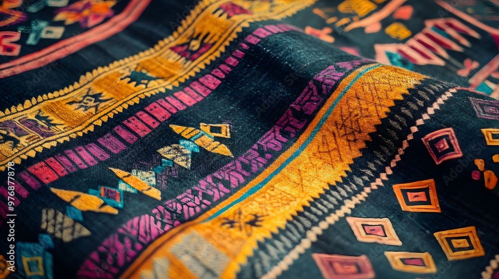 Northern Thailand Sin fabric with tribal patterns, bold colors and sharp details, hypereal, high quality, sharp images, graphic illustration