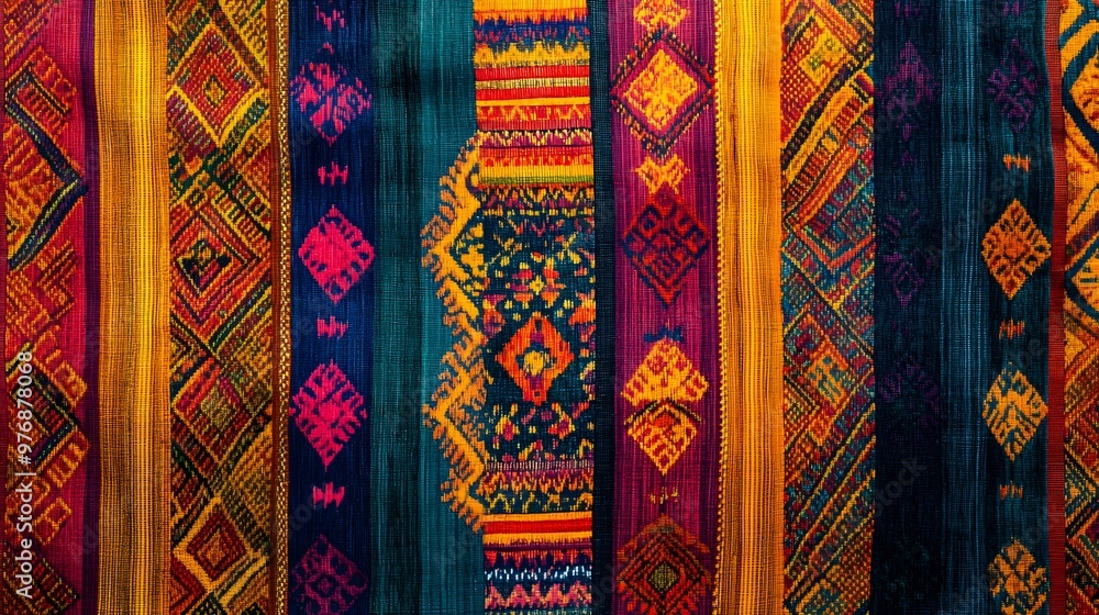 Cultural Sin fabric pattern from Southern Thailand, colorful, handwoven, traditional Thai textile art, hypereal, high quality, sharp images, graphic illustration Cultural Sin fabric pattern from Southern Thailand, colorful, handwoven, traditional Thai textile art, hypereal, high quality, sharp images, graphic illustration