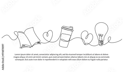 Continuous one line design of education and bright ideas. Minimalist style vector illustration on white background.