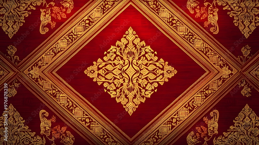 Bold Sin fabric patterns with golden details, traditional Thai weaving, rich in cultural history, hypereal, high quality, sharp images, graphic illustration Bold Sin fabric patterns with golden details, traditional Thai weaving, rich in cultural history, hypereal, high quality, sharp images, graphic illustration
