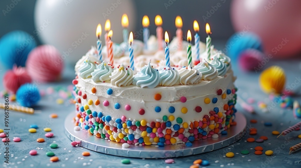A birthday cake with many lit candles on it. Pastel colors background. A birthday cake with many lit candles on it. Pastel colors background.