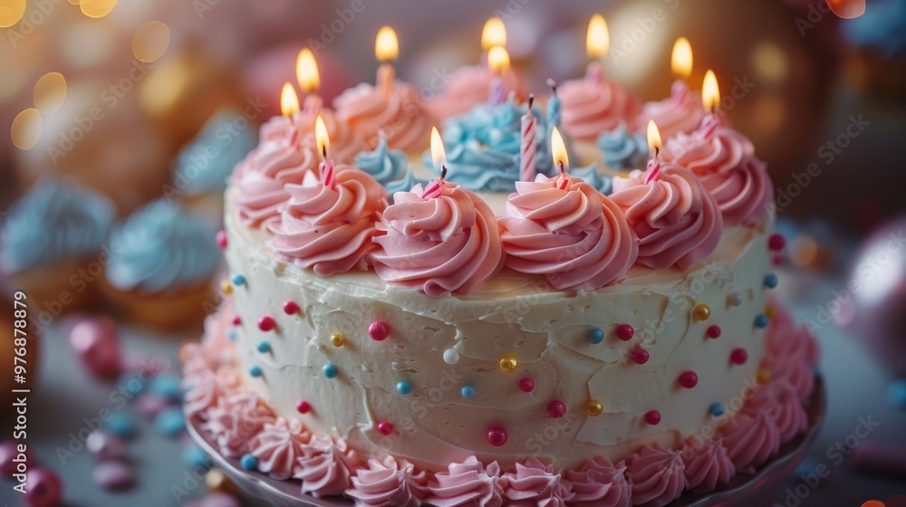 A birthday cake with many lit candles on it. Pastel colors background. A birthday cake with many lit candles on it. Pastel colors background.
