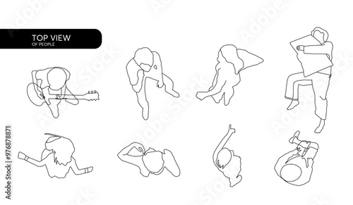 This vector illustration shows top-view drawings of people, ideal for use in architectural layouts, floor plans, and interior design projects.