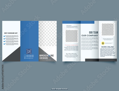 Blue corporate trifold brochure template. Vector
