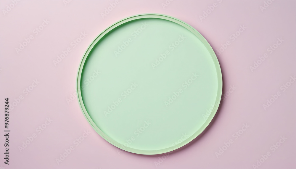 Green pastel circle frame on a light pink background, minimalist style. Green pastel circle frame on a light pink background, minimalist style.