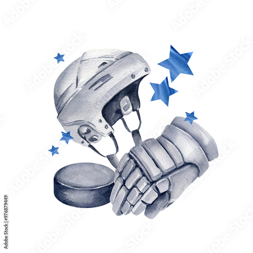 hockey gloves, helmet and puck with blue watercolor stars, hand drawn watercolor illustration of ice sport theme, equipment for ice team sports, game, for sports blogs, branding