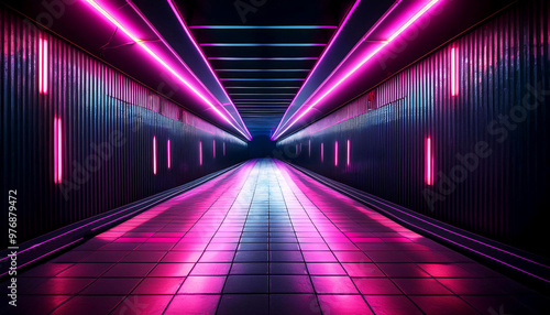 Vibrant Neon Hallway with Reflective Surfaces