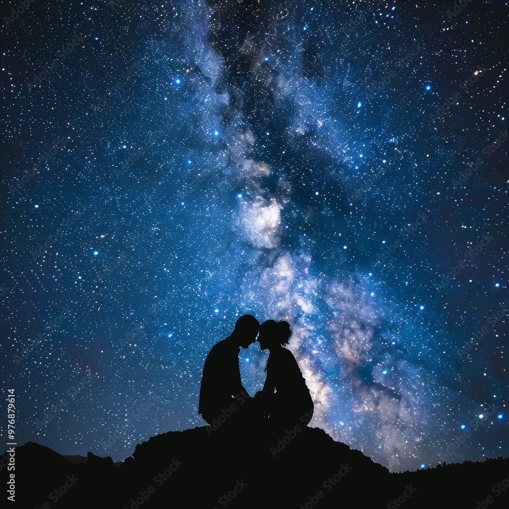 Obraz premium Romantic Silhouette, Couples Intimate Moment Under a Breathtaking Starry Sky with Milky Way.