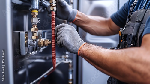 A plumber is working on a pipe.