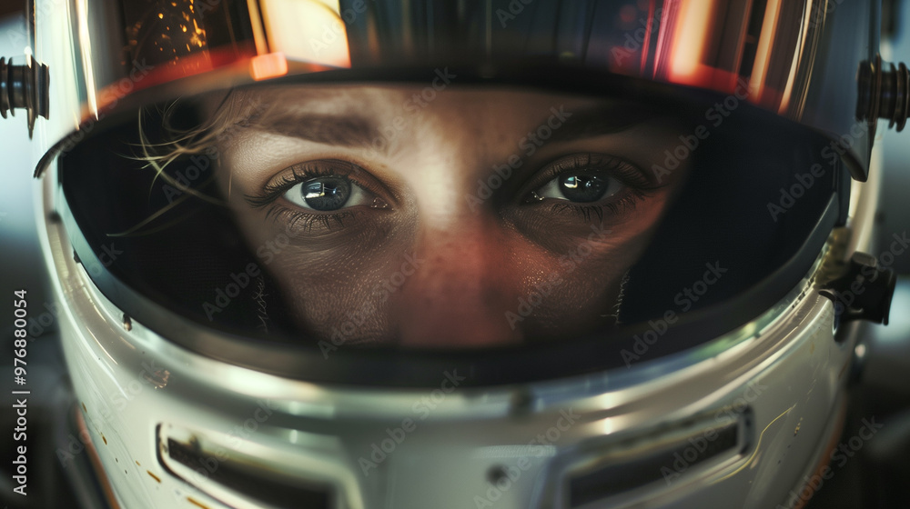 Close-up of a female race car driver's intense gaze behind a helmet visor. Close-up of a female race car driver's intense gaze behind a helmet visor.