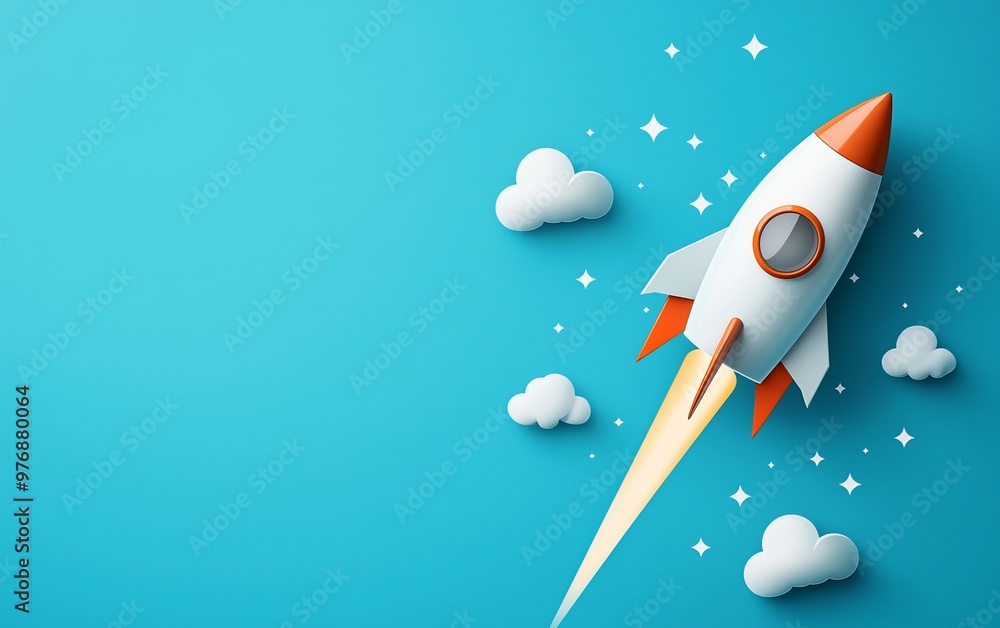 A colorful rocket launching into the sky, surrounded by clouds and stars, representing innovation and adventure in space exploration. A colorful rocket launching into the sky, surrounded by clouds and stars, representing innovation and adventure in space exploration.