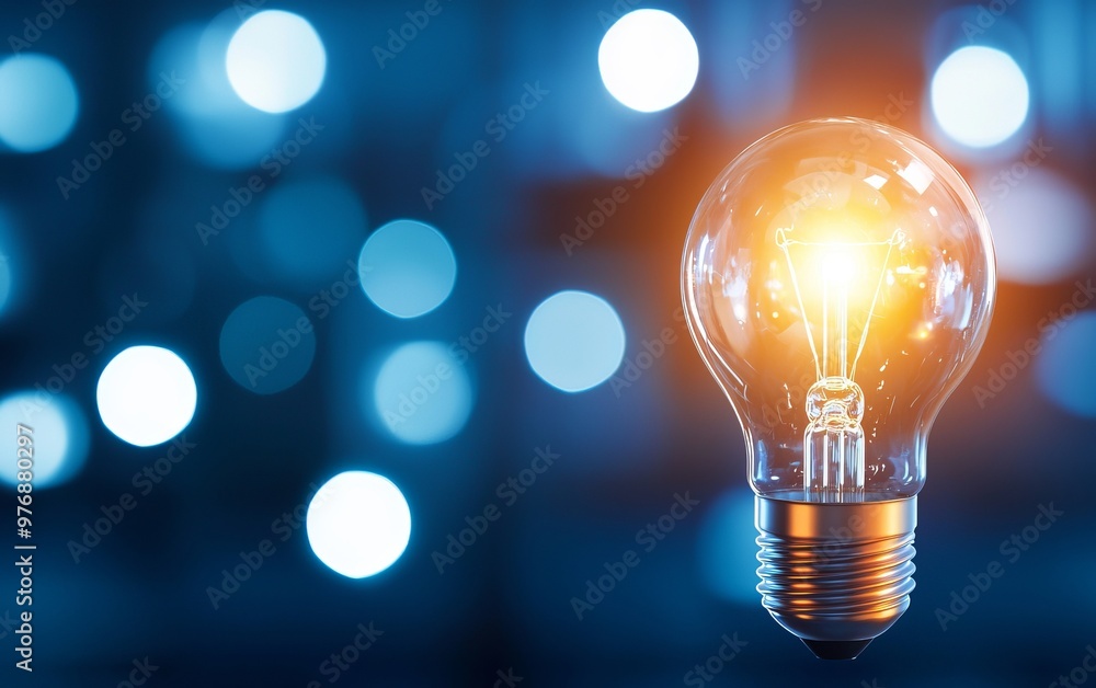 A glowing light bulb against a blurred blue background, symbolizing creativity and inspiration in a modern setting. A glowing light bulb against a blurred blue background, symbolizing creativity and inspiration in a modern setting.