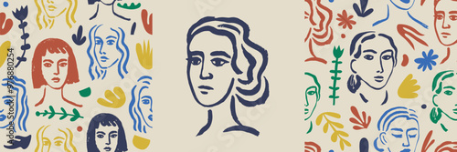 Vector art woman face portrait and seamless patterns. Artistic beauty prints, modern illustration. Female hand drawn doodle drawing