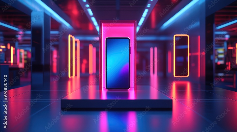 The latest smartphone on a futuristic 3D display with neon lights in a high-tech setting. The latest smartphone on a futuristic 3D display with neon lights in a high-tech setting.