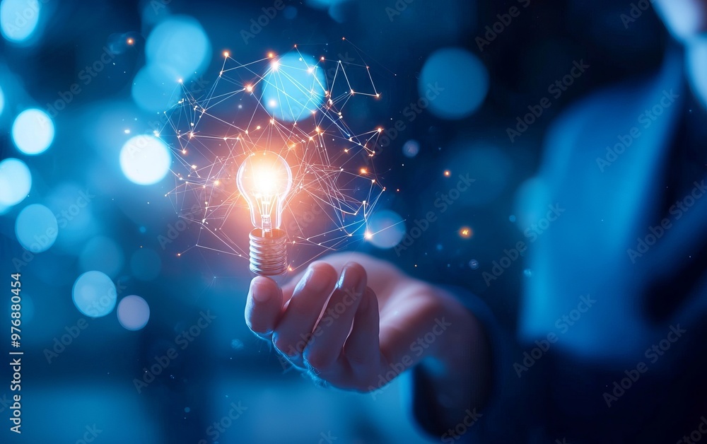 A glowing light bulb held by a hand, symbolizing ideas and innovation in a digital world filled with possibilities. A glowing light bulb held by a hand, symbolizing ideas and innovation in a digital world filled with possibilities.
