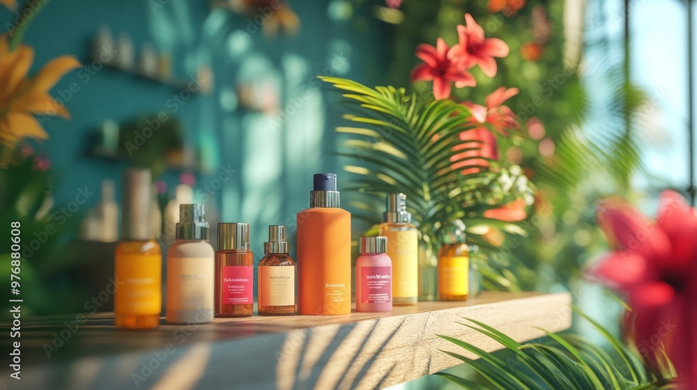 Summer-themed skincare on a tropical 3D display with vibrant colors. Summer-themed skincare on a tropical 3D display with vibrant colors.