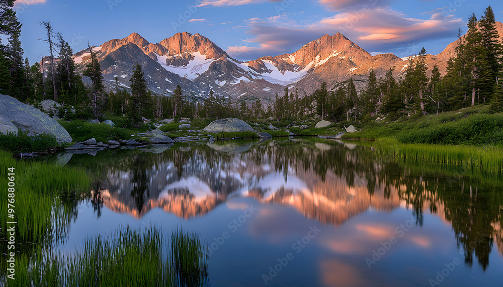 Naklejka premium Nature Bliss: A serene mountain landscape with a lake reflecting the snowy peaks at sunrise
