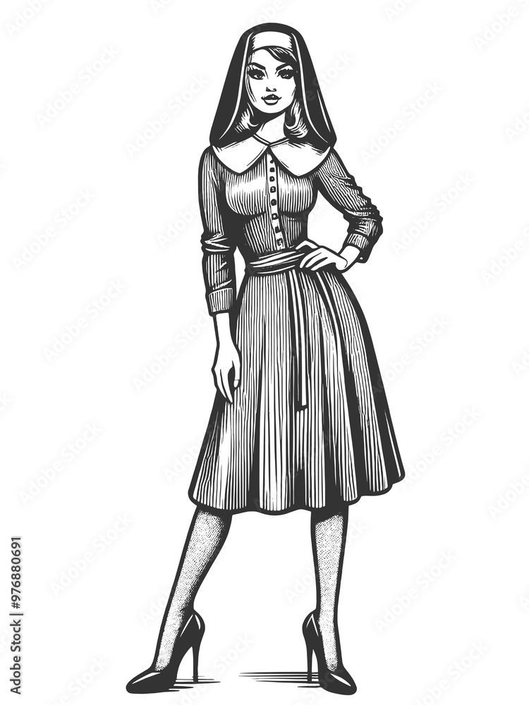 standing nun in full habit, blending classic religious imagery with a poised, modern stance sketch engraving generative ai raster illustration. Scratch board imitation. Black and white image. standing nun in full habit, blending classic religious imagery with a poised, modern stance sketch engraving generative ai raster illustration. Scratch board imitation. Black and white image.