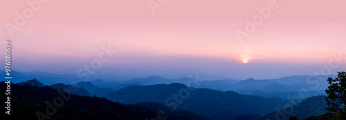 Banner purple sky sunrise dramatic beautiful landscape view. Dawn sky violet pink gold dusk time cloudscape with sunlight. Panorama Dramatic vibrant sunset scenic landscape nature with copy space